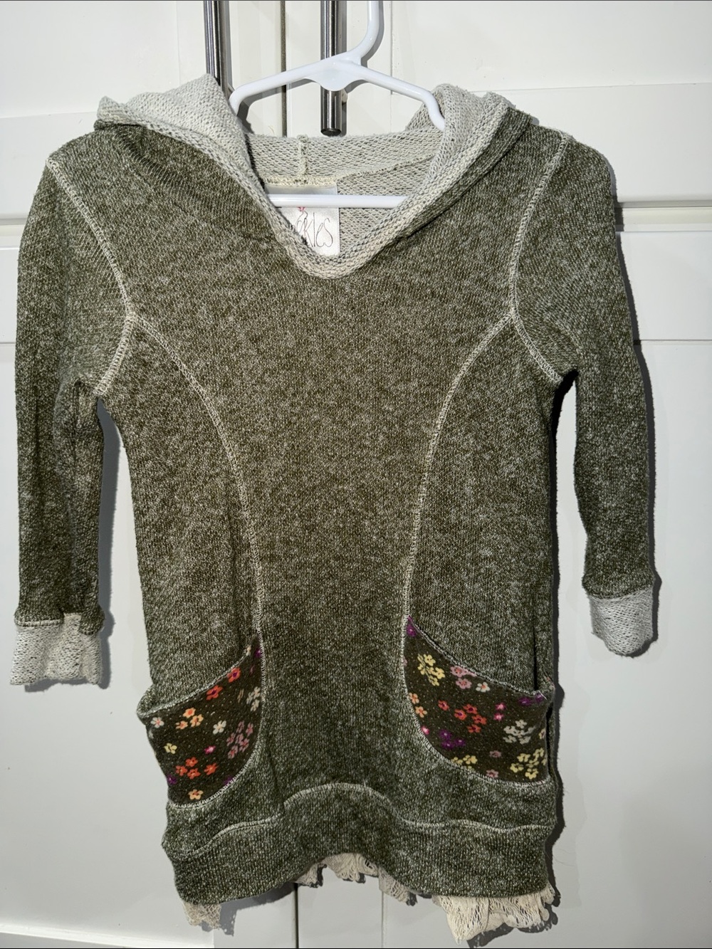 Freckles + KittCozy Olive Hooded Kids Sweater Dress with Floral Pocket Detail